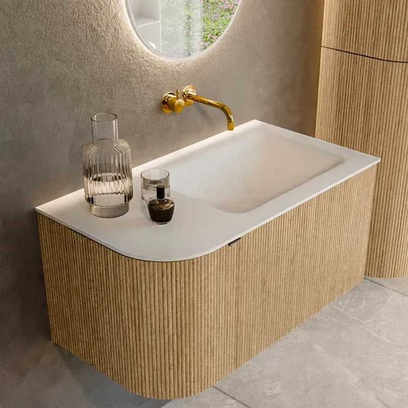 Mondiaz Kurve 85cm badmeubel ronding links oak met 1 lade en deur en wastafel cloud rechts zonder kraangat Rechtstreeks Van De Fabrikant
