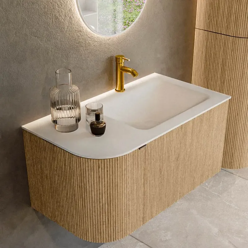 Mondiaz Kurve 85cm badmeubel ronding links oak met 1 lade en deur en wastafel cloud kraangat rechts Seizoensaanbieding