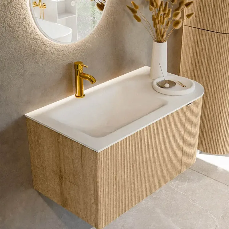 Beperkt Aanbod Mondiaz Kurve 85cm badmeubel ronding rechts oak met 1 lade en deur en wastafel cloud kraangat links