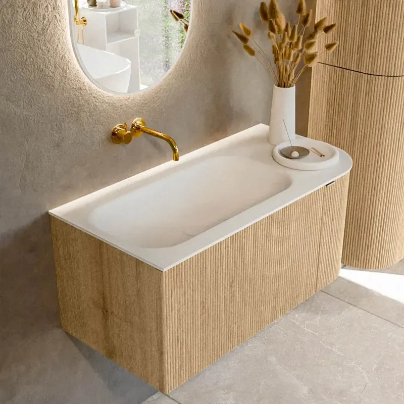 Aanbieding Mondiaz Kurve 95cm badmeubel ronding rechts oak met 1 lade en deur en wastafel big small links zonder kraangat