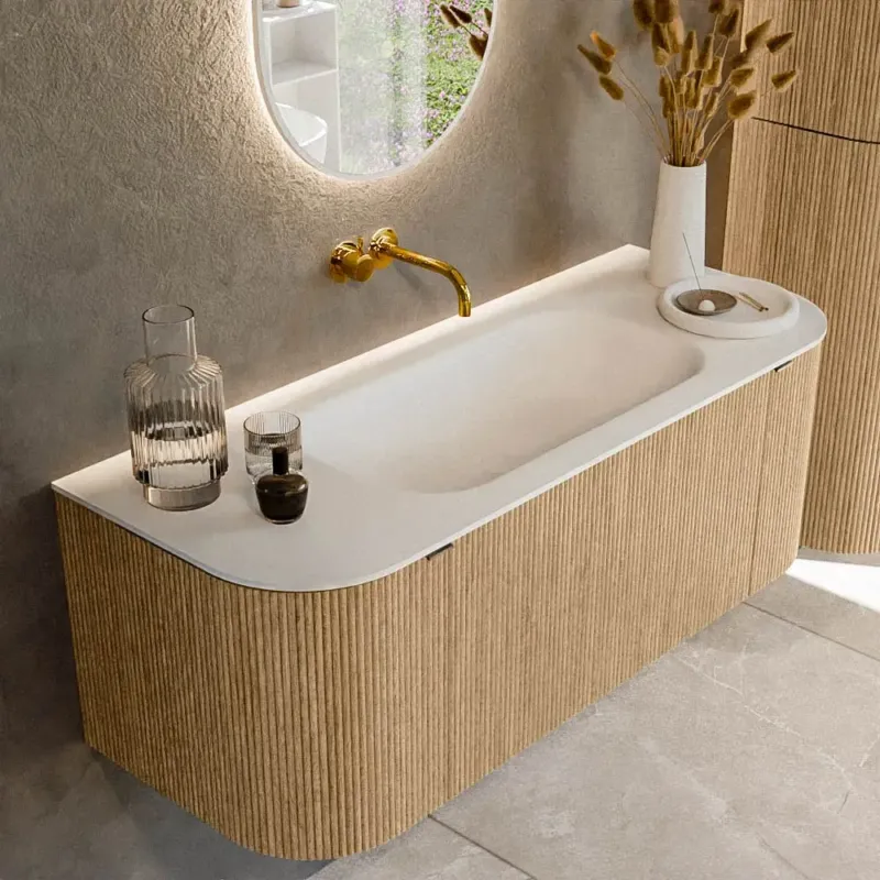 Mondiaz Kurve 120cm badmeubel ronding links/rechts oak met 1 lade en 2 deuren en wastafel big small midden zonder kraangat Populair