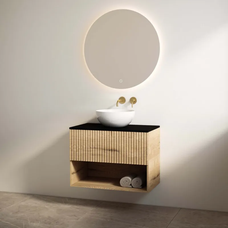 Best Design Rigatti badmeubel 100cm eiken met ribbelfront en zwart mat topblad Populair