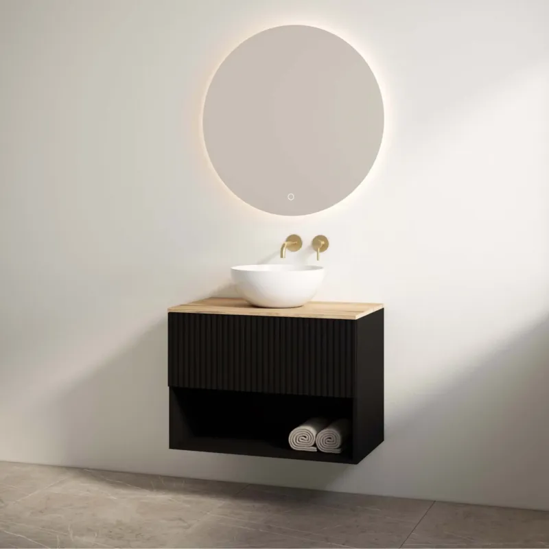 Best Design Rigatti badmeubel 100cm zwart mat met ribbelfront en eiken topblad Direct Beschikbaar