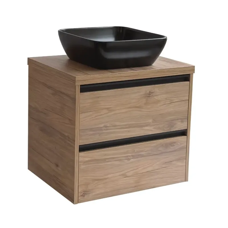 Finale Uitverkoop Sanicare Arda badkamermeubel 65cm diveria oak met zwarte waskom 40x40cm