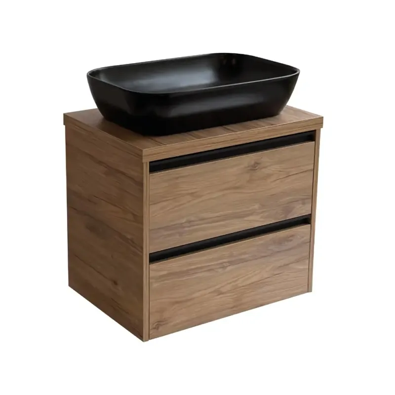 Rechtstreeks Van De Fabrikant Sanicare Arda badkamermeubel 65cm diveria oak met zwarte waskom 60x40cm