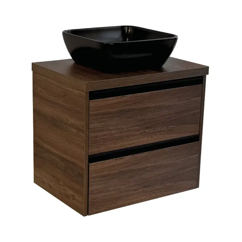 Sanicare Arda badkamermeubel 65cm nera oak met zwarte waskom 40x40cm Voordeelprijs