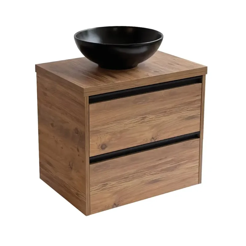 Sanicare Arda badkamermeubel 65cm arrano oak met ronde zwarte waskom Exclusieve Aanbieding