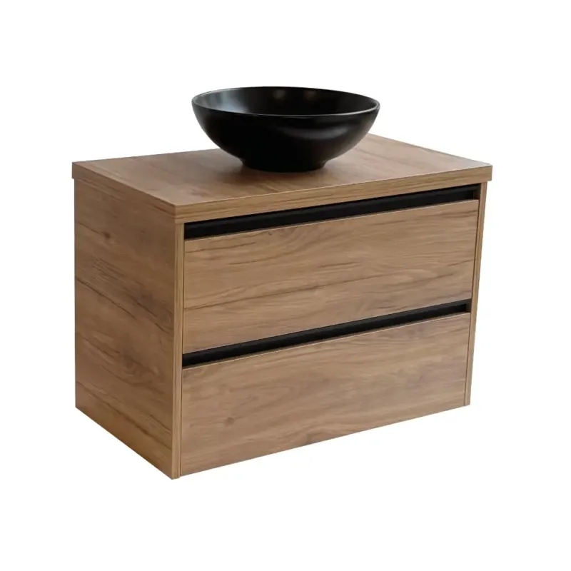 Sanicare Arda badkamermeubel 80cm diveria oak met ronde zwarte waskom Fabrieksprijs