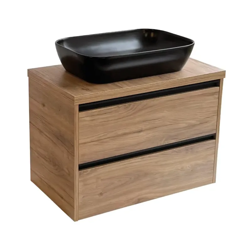 Lage Kosten Sanicare Arda badkamermeubel 80cm diveria oak met zwarte waskom 60x40cm