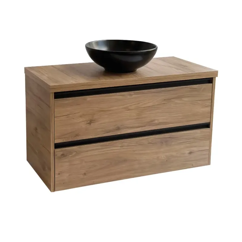 Sanicare Arda badkamermeubel 100cm diveria oak met ronde zwarte waskom Betrouwbaar