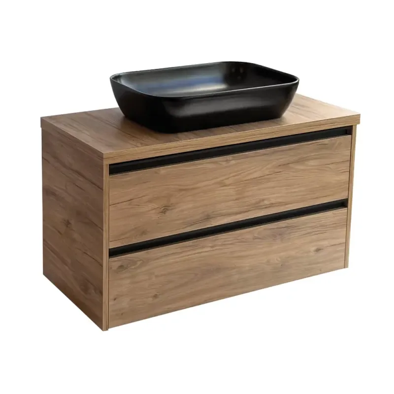 Snelle Levering Sanicare Arda badkamermeubel 100cm diveria oak met zwarte waskom 60x40cm