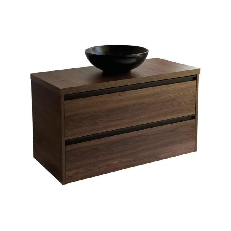 Sanicare Arda badkamermeubel 100cm nera oak met ronde zwarte waskom Favoriet