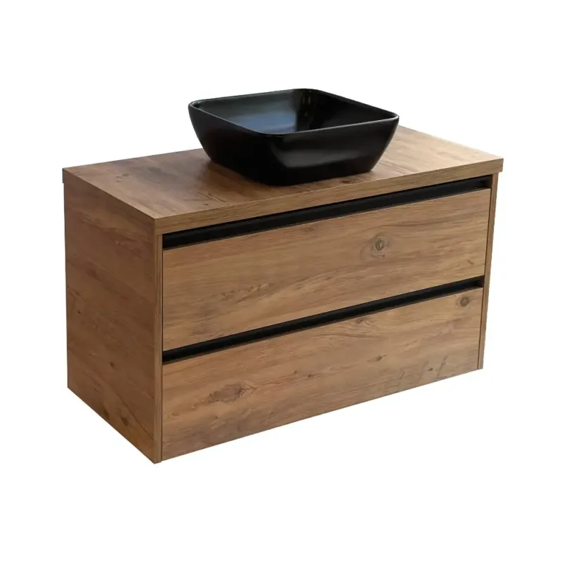 Sanicare Arda badkamermeubel 100cm arrano oak met zwarte waskom 40x40cm Uitverkoop