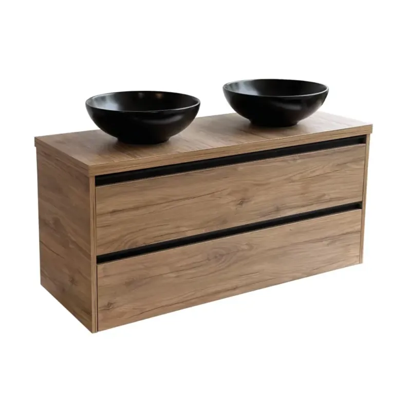 Sanicare Arda badkamermeubel 120cm diveria oak met ronde zwarte waskommen Express Levering