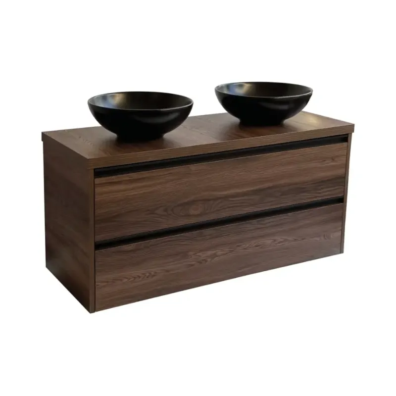 Sanicare Arda badkamermeubel 120cm nera oak met ronde zwarte waskommen Koopje