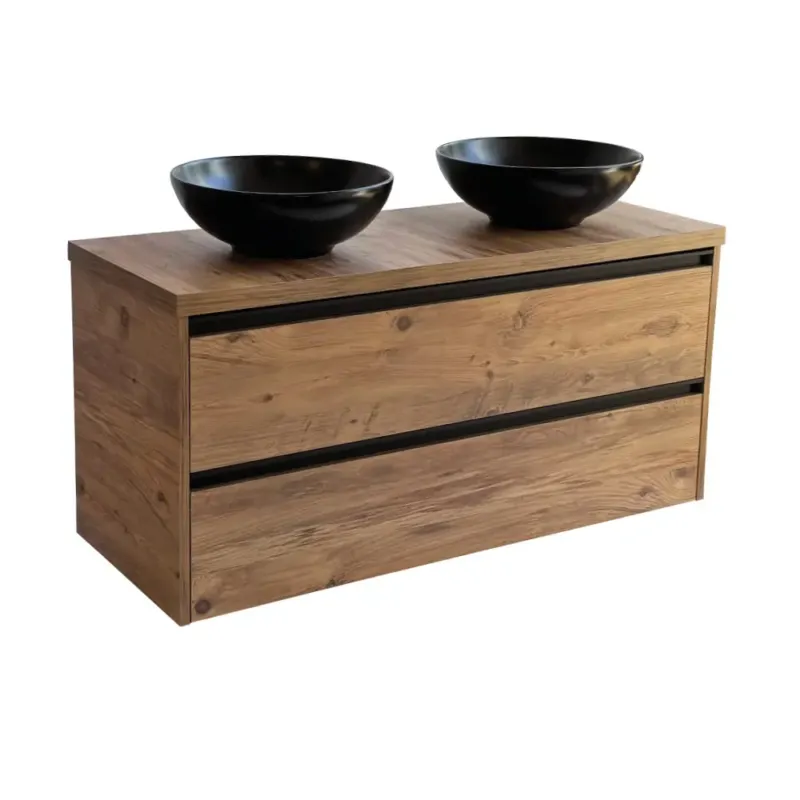 Sanicare Arda badkamermeubel 120cm arrano oak met ronde zwarte waskommen Bestseller