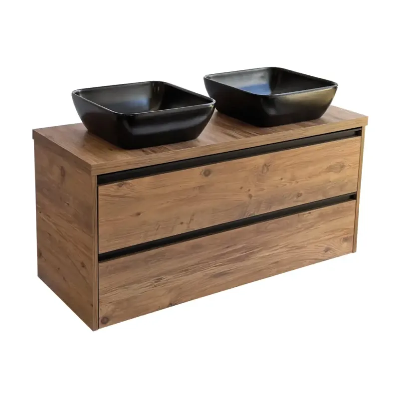 Sanicare Arda badkamermeubel 120cm arrano oak met zwarte waskommen 40x40cm Lage Kosten