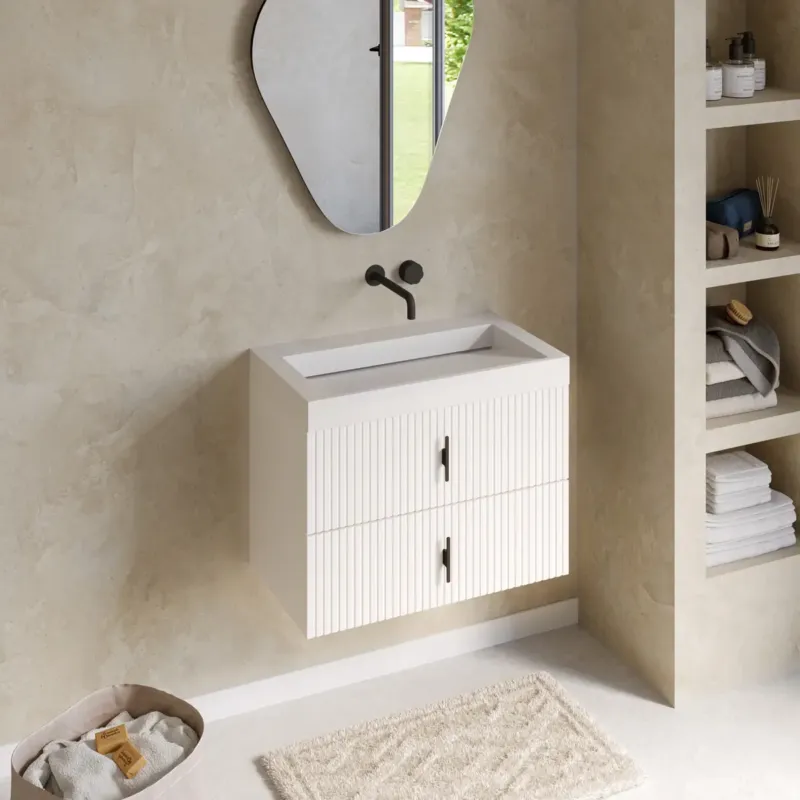 Muebles Estella badmeubel ribbelfront 80cm wit mat met solid surface wastafel zonder kraangat Meest Verkocht