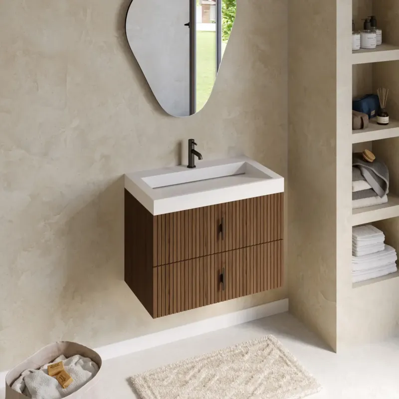 Tijdelijk Beschikbaar Muebles Estella badmeubel ribbelfront 80cm walnoot met solid surface wastafel met kraangat