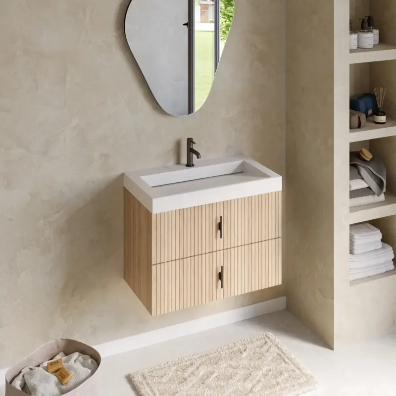 Finale Uitverkoop Muebles Estella badmeubel ribbelfront 80cm naturel eiken met solid surface wastafel met kraangat