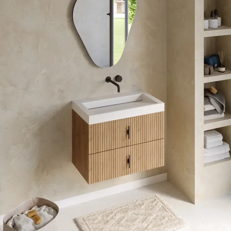 Voordeelprijs Muebles Estella badmeubel ribbelfront 80cm warm eiken met solid surface wastafel zonder kraangat