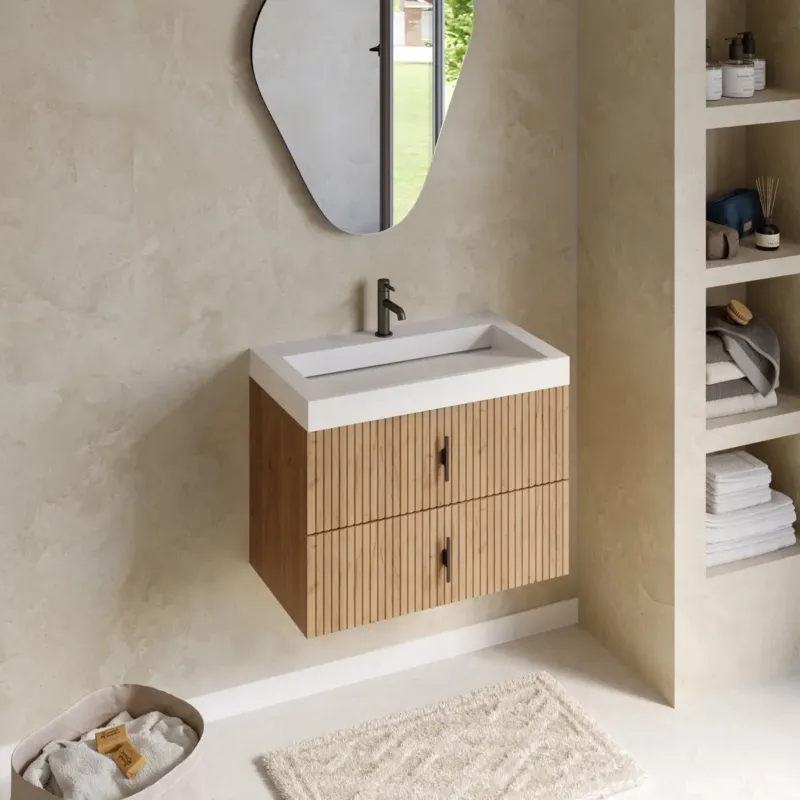 Nieuw Muebles Estella badmeubel ribbelfront 80cm warm eiken met solid surface wastafel met kraangat