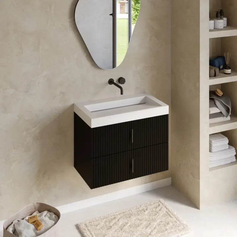 Muebles Estella badmeubel ribbelfront 80cm zwart mat met solid surface wastafel zonder kraangat Aanbieding