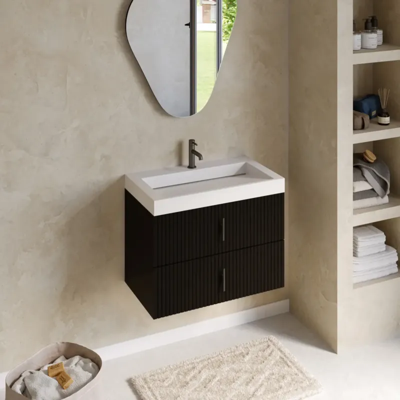 Meest Verkocht Muebles Estella badmeubel ribbelfront 80cm zwart mat met solid surface wastafel met kraangat