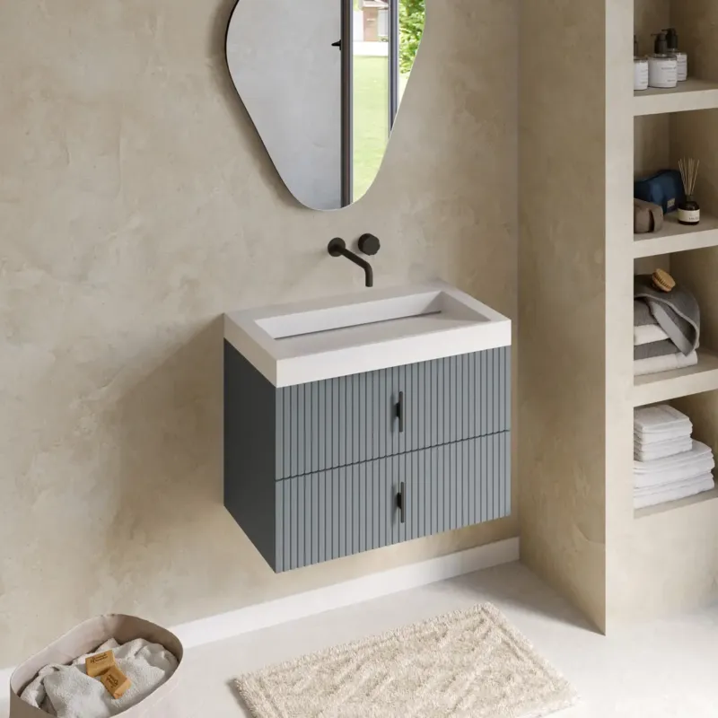 Hete Deal Muebles Estella badmeubel ribbelfront 80cm baby blauw met solid surface wastafel zonder kraangat