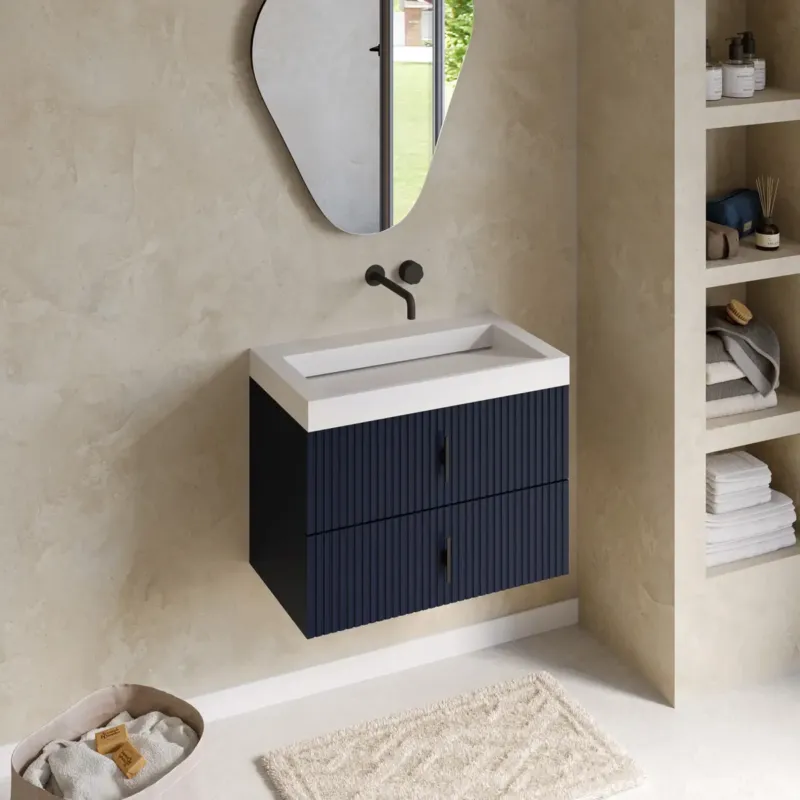 Uitverkoop Muebles Estella badmeubel ribbelfront 80cm marine blauw met solid surface wastafel zonder kraangat
