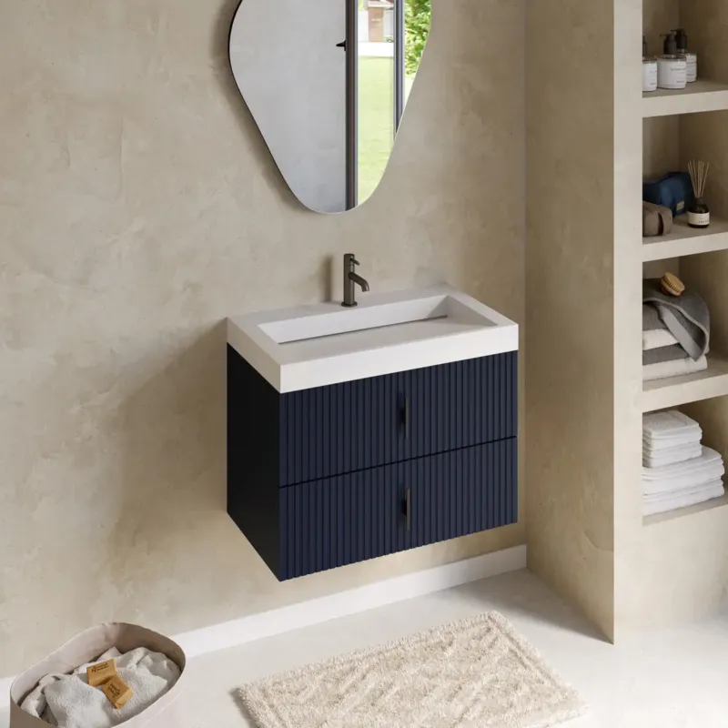 Populair Muebles Estella badmeubel ribbelfront 80cm marine blauw met solid surface wastafel met kraangat