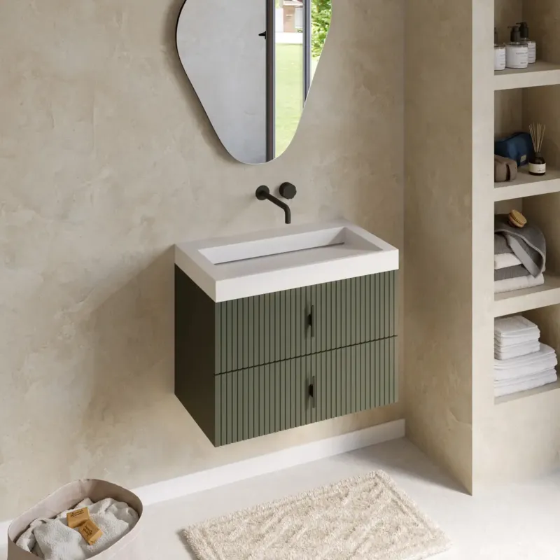 Premium Muebles Estella badmeubel ribbelfront 80cm legergroen met solid surface wastafel zonder kraangat