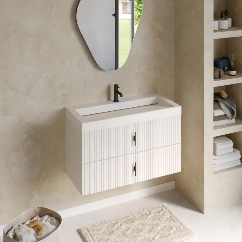Voordeelprijs Muebles Estella badmeubel ribbelfront 100cm wit mat met solid surface wastafel met kraangat