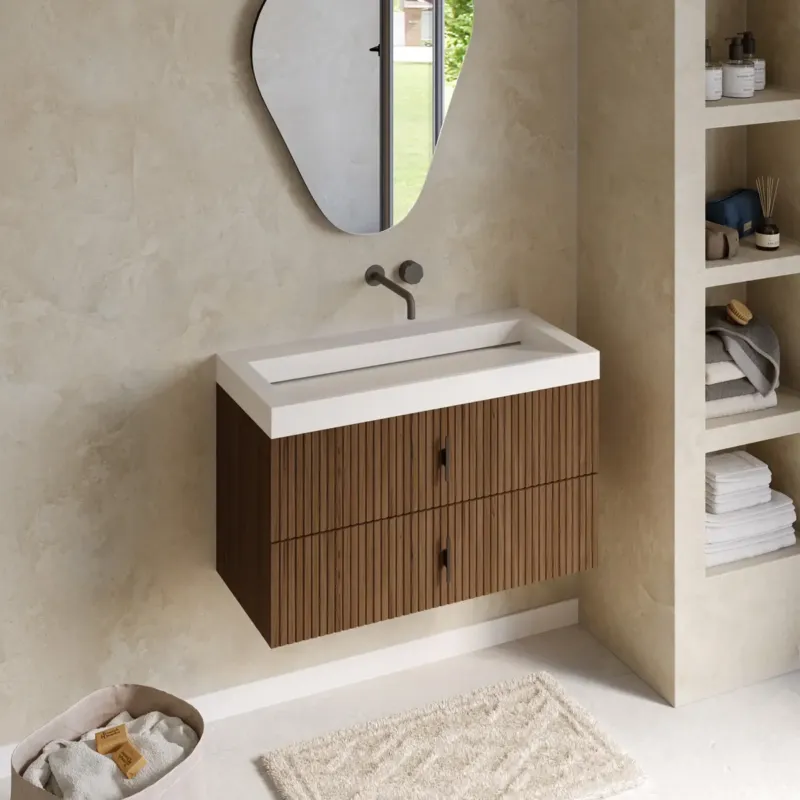 Korting Muebles Estella badmeubel ribbelfront 100cm walnoot met solid surface wastafel zonder kraangat
