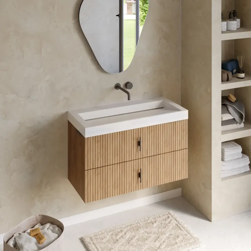 Finale Uitverkoop Muebles Estella badmeubel ribbelfront 100cm warm eiken met solid surface wastafel zonder kraangat