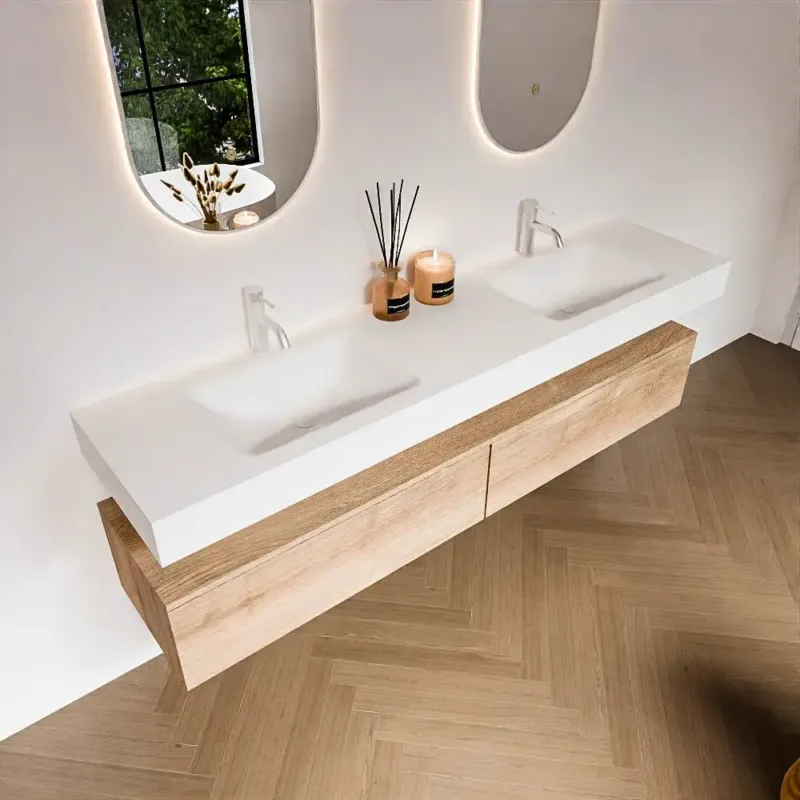 Bestseller Zaro Alan badmeubel 190cm washed oak 2 lades met vrijhangende wastafel cloud dubbel 2 kraangaten talc