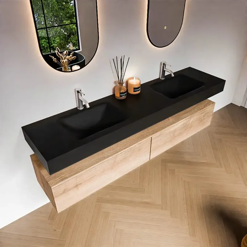 Veilige Betaling Zaro Alan badmeubel 190cm washed oak 2 lades met vrijhangende wastafel cloud dubbel 2 kraangaten urban