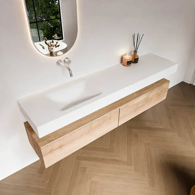 Alleen Vandaag Zaro Alan badmeubel 190cm washed oak 2 lades met vrijhangende wastafel cloud links zonder kraangat talc