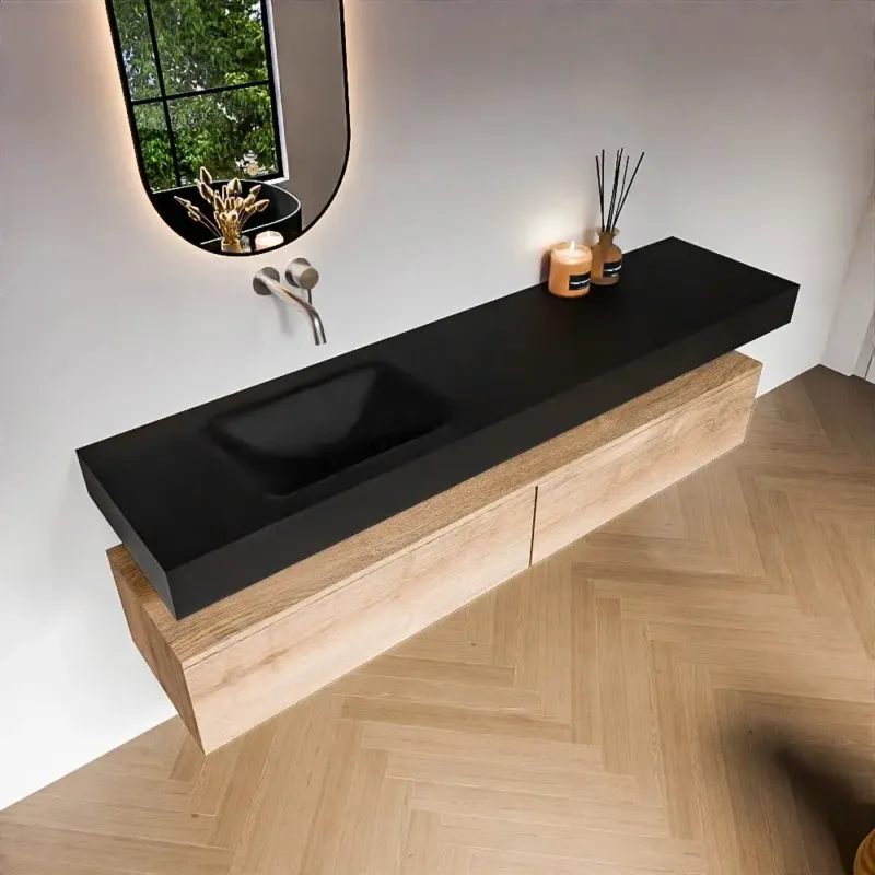 Zaro Alan badmeubel 190cm washed oak 2 lades met vrijhangende wastafel cloud links zonder kraangat urban Direct Verzonden