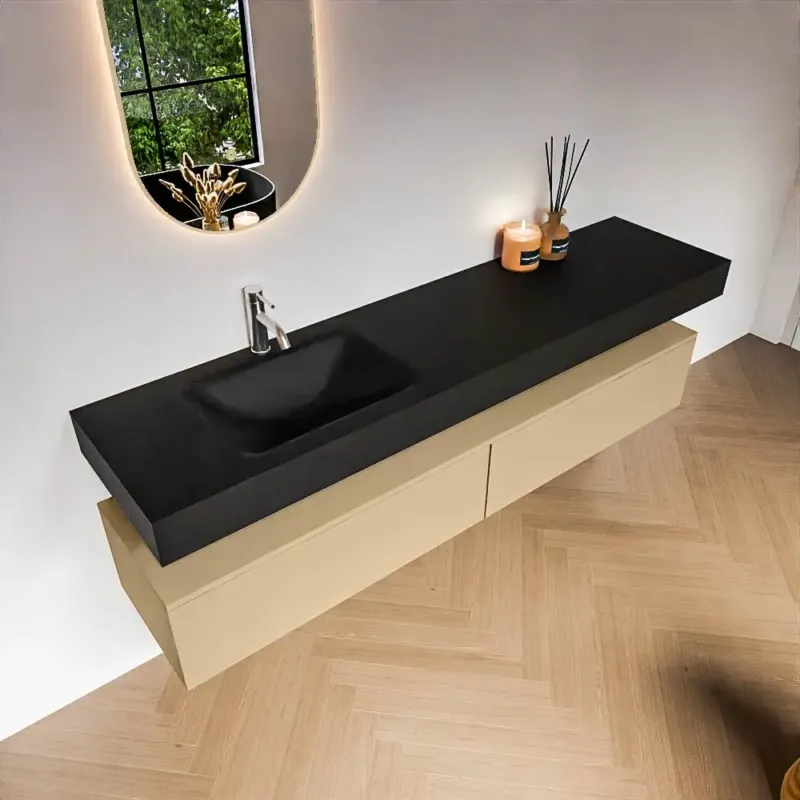 Zaro Alan badmeubel 190cm sand 2 lades met vrijhangende wastafel cloud links 1 kraangat urban Seizoensaanbieding