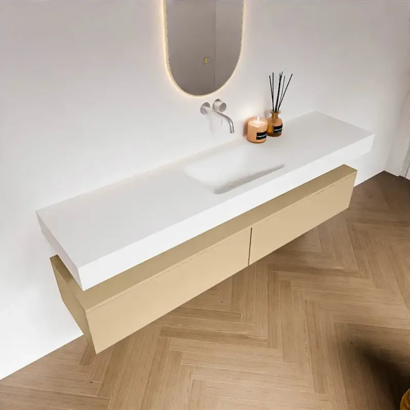 Premium Zaro Alan badmeubel 190cm sand 2 lades met vrijhangende wastafel cloud midden zonder kraangat talc