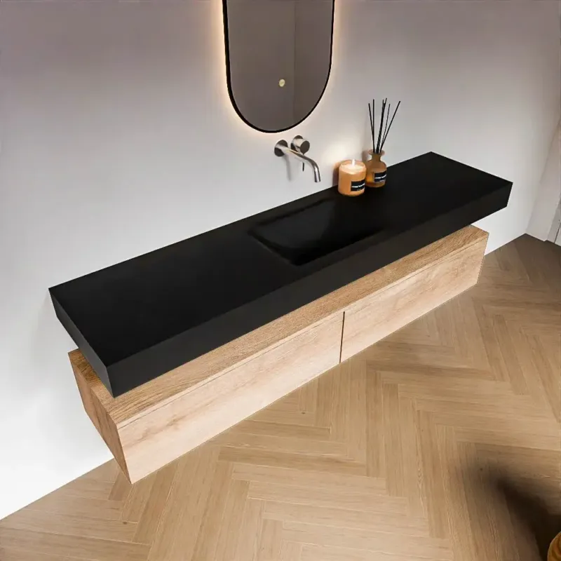Korting Zaro Alan badmeubel 190cm washed oak 2 lades met vrijhangende wastafel cloud midden zonder kraangat urban