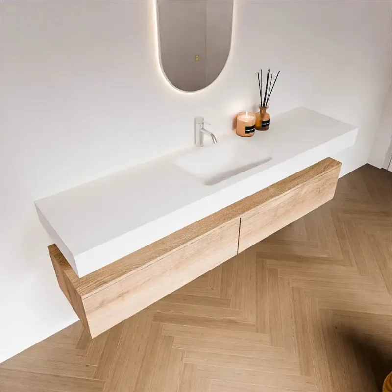 Zaro Alan badmeubel 190cm washed oak 2 lades met vrijhangende wastafel cloud midden 1 kraangat talc Express Levering