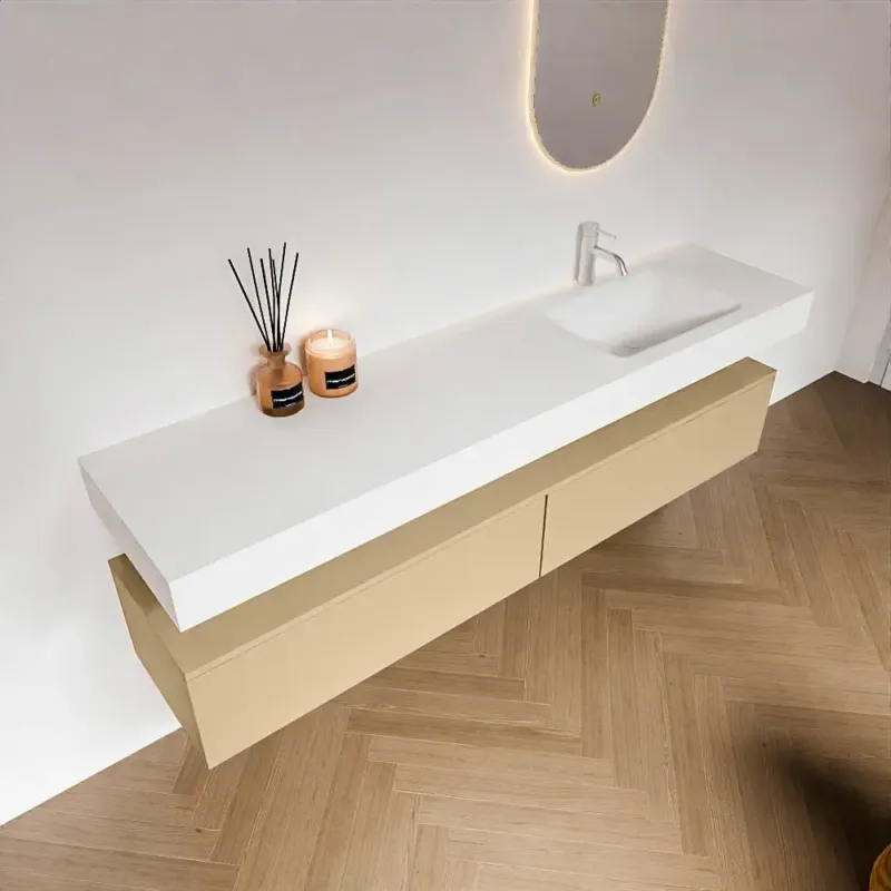 Zaro Alan badmeubel 190cm sand 2 lades met vrijhangende wastafel cloud rechts 1 kraangat talc Bestseller