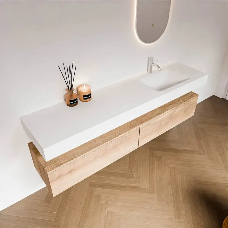 Lage Prijs Zaro Alan badmeubel 190cm washed oak 2 lades met vrijhangende wastafel cloud rechts 1 kraangat talc