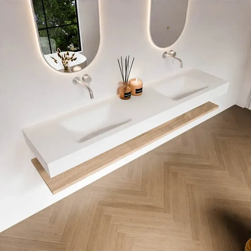 Zaro Alan badmeubel 190cm met planchet washed oak en vrijhangende wastafel cloud dubbel zonder kraangat talc Betrouwbaar