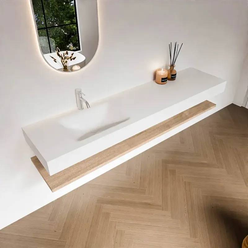 Weekendaanbieding Zaro Alan badmeubel 190cm met planchet washed oak en vrijhangende wastafel cloud links 1 kraangat talc