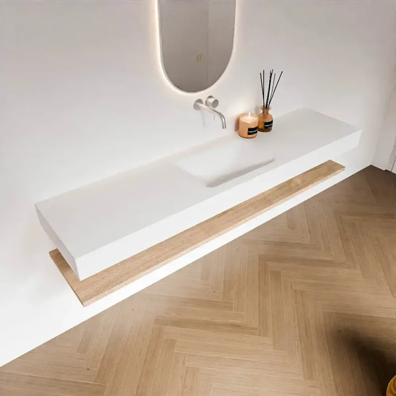 Zaro Alan badmeubel 190cm met planchet washed oak en vrijhangende wastafel cloud midden zonder kraangat talc Favoriet
