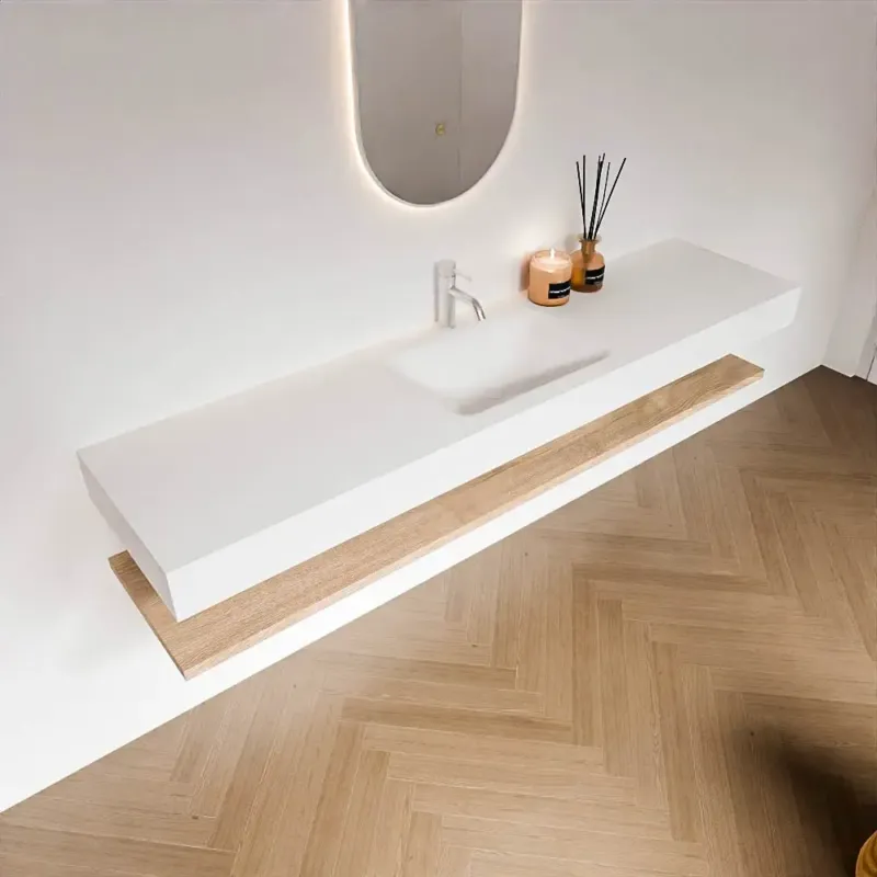 Tijdelijk Beschikbaar Zaro Alan badmeubel 190cm met planchet washed oak en vrijhangende wastafel cloud midden 1 kraangat talc