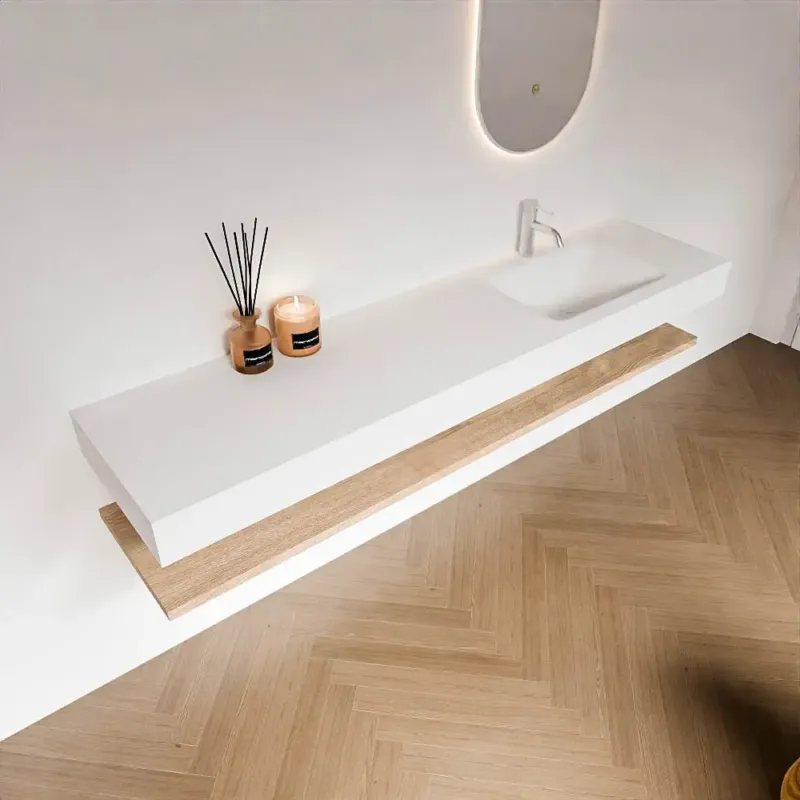 Zaro Alan badmeubel 190cm met planchet washed oak en vrijhangende wastafel cloud rechts 1 kraangat talc Gereduceerde Prijs